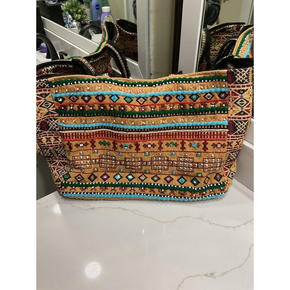 America and Beyond Large Beaded Tote Embroidered Eclectic Exotic Boho